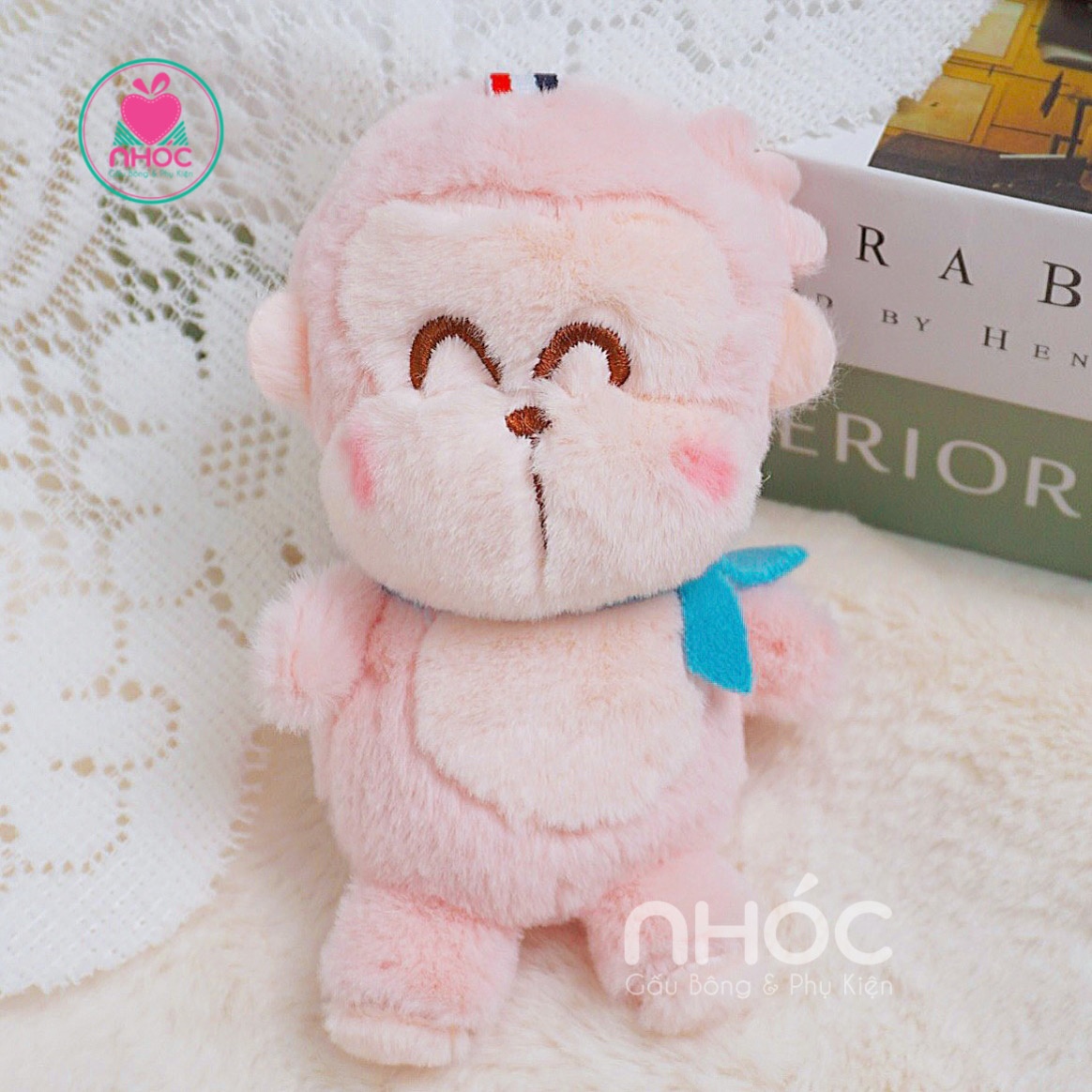 Móc khoá bông khỉ kabo lông xù - Hồng đậm - 7001