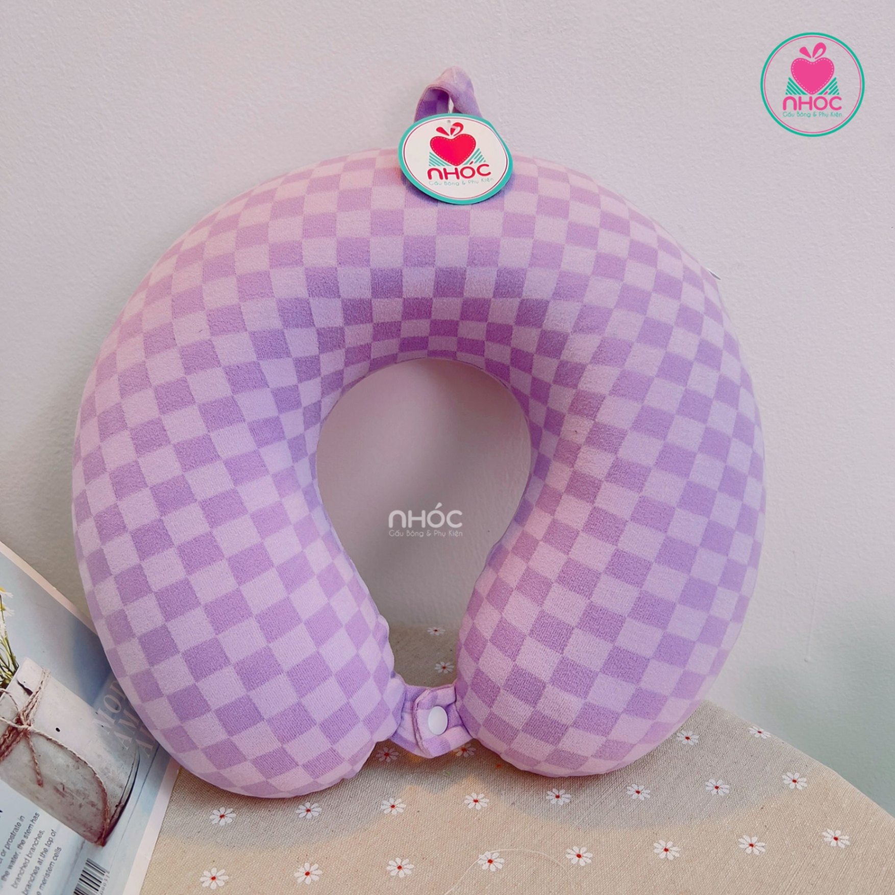 Gối kê cổ cao su non sọc caro - Tím - 16001