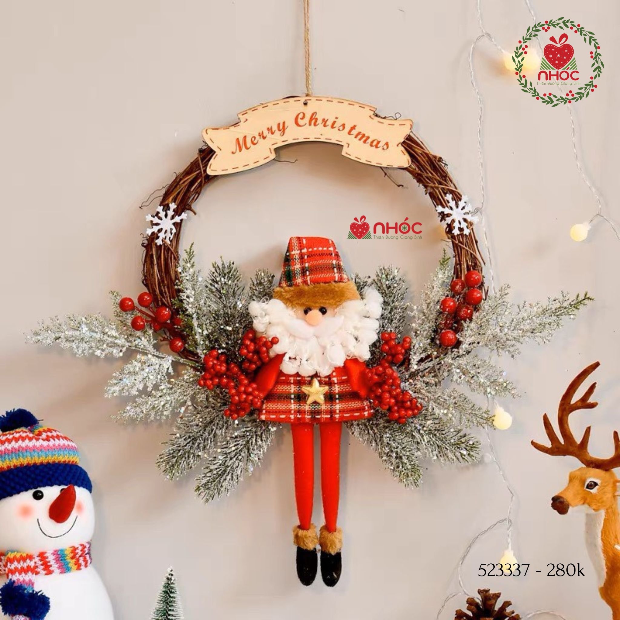 Vòng nguyệt quế cây khô Merry Christmas - Ông già - 40280