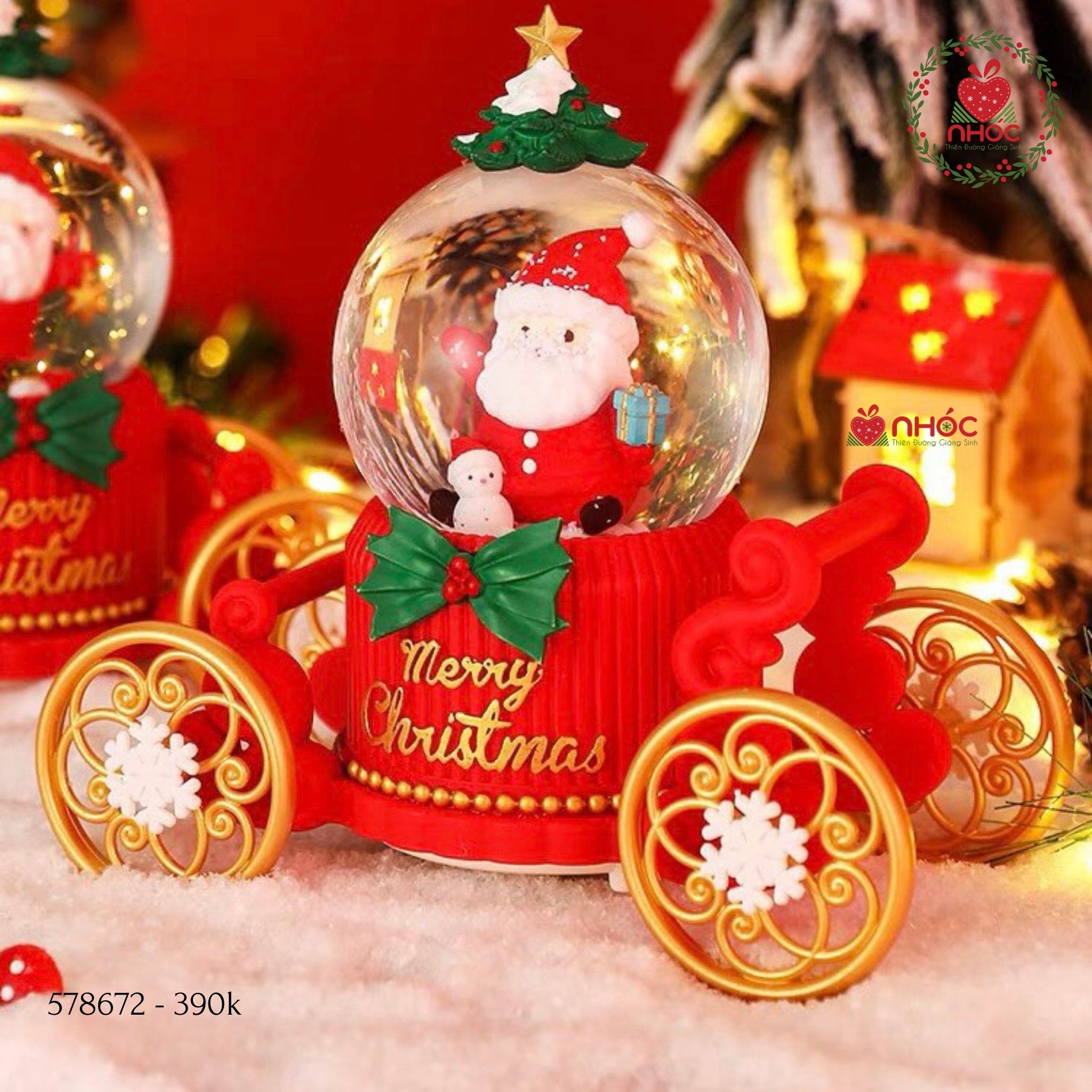 Cầu tuyết Noel cổ xe đính cây thông nhạc đèn - Ổng già nghiêng - Đỏ - 39001