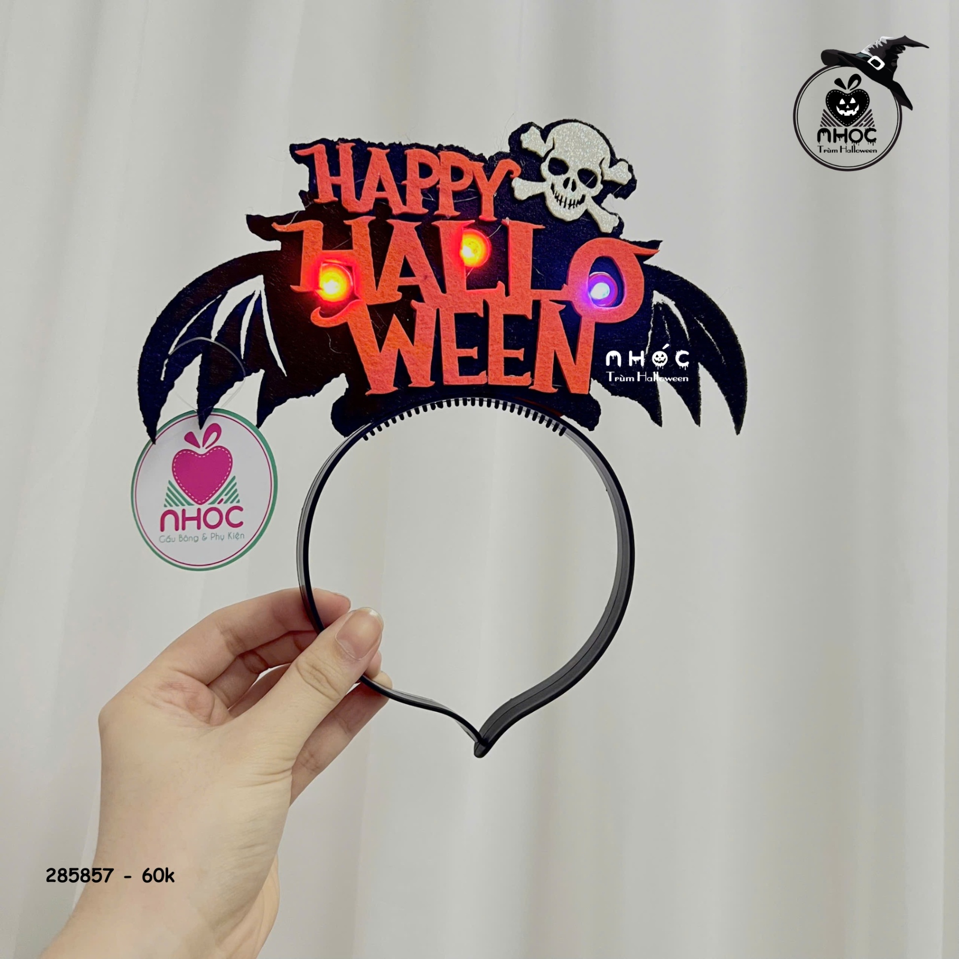 Cài tóc Halloween nỉ Happy có đèn - Đầu lâu - 6001