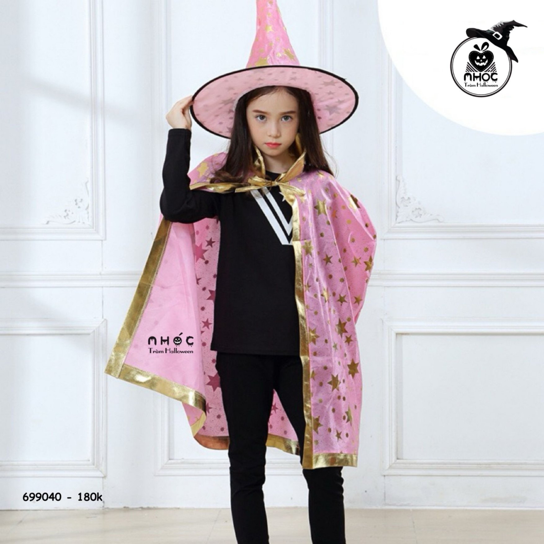 Áo choàng Halloween nhũ in sao combo nón - Hồng - 80180