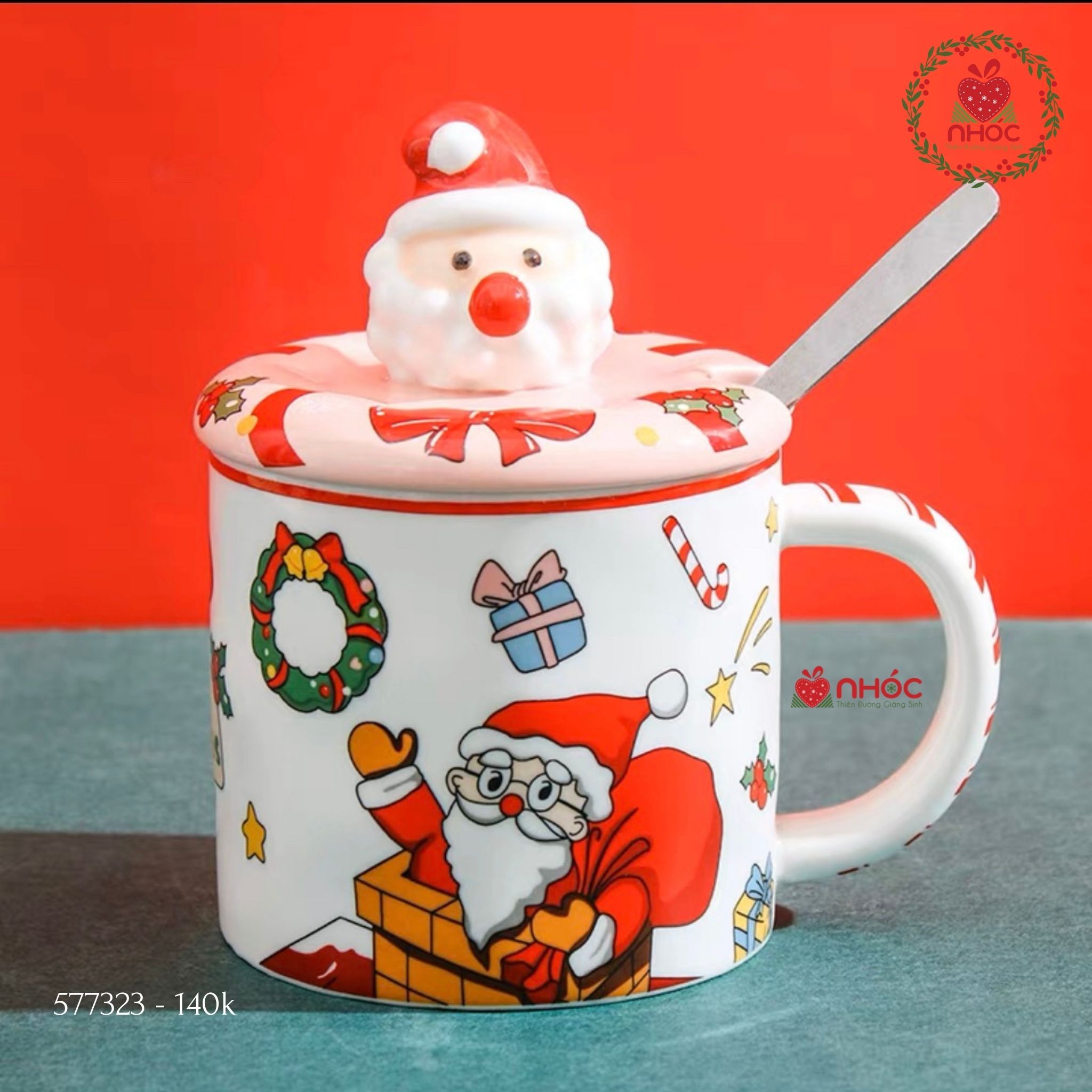 Ly sứ Noel nắp ông già - Hồng - 16001