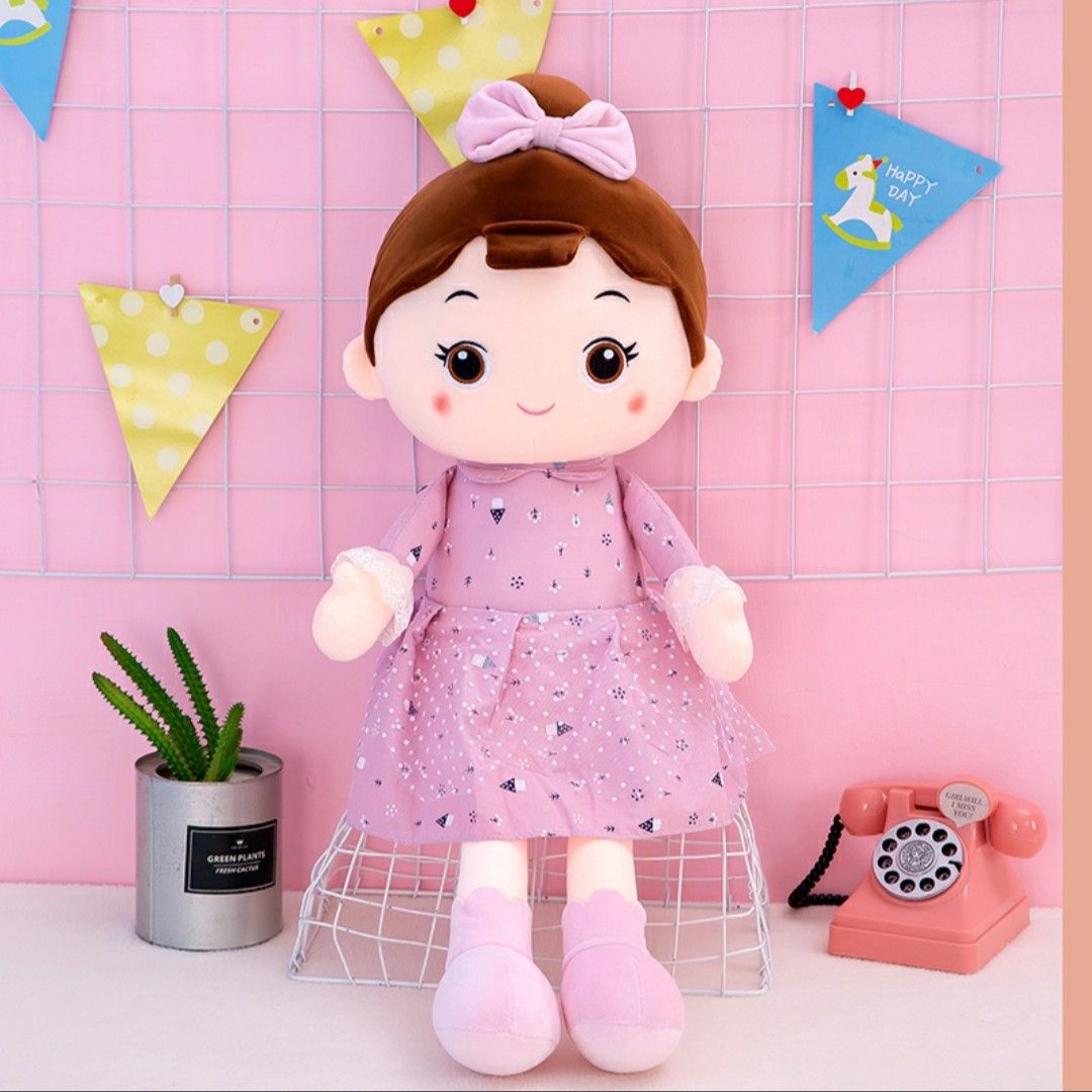 Búp bê bông mặc đầm búi tóc cột nơ lông mịn - Tím - 75340