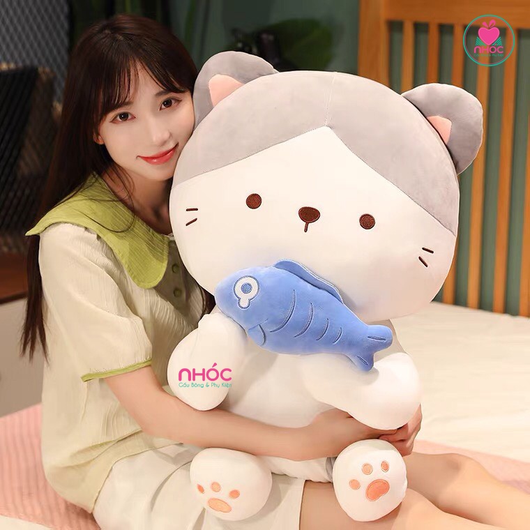 Thú bông Mèo ôm cá lông mịn ngồi TC - Trắng xám - 55480