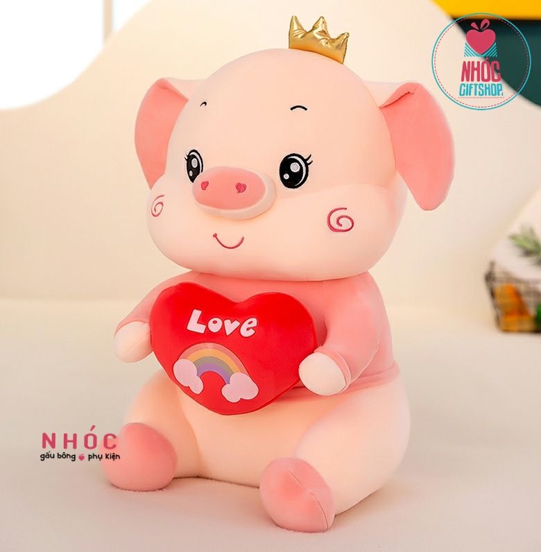 Thú bông Heo vương miện ôm tim Miss lông mịn ngồi - Hồng - 45380