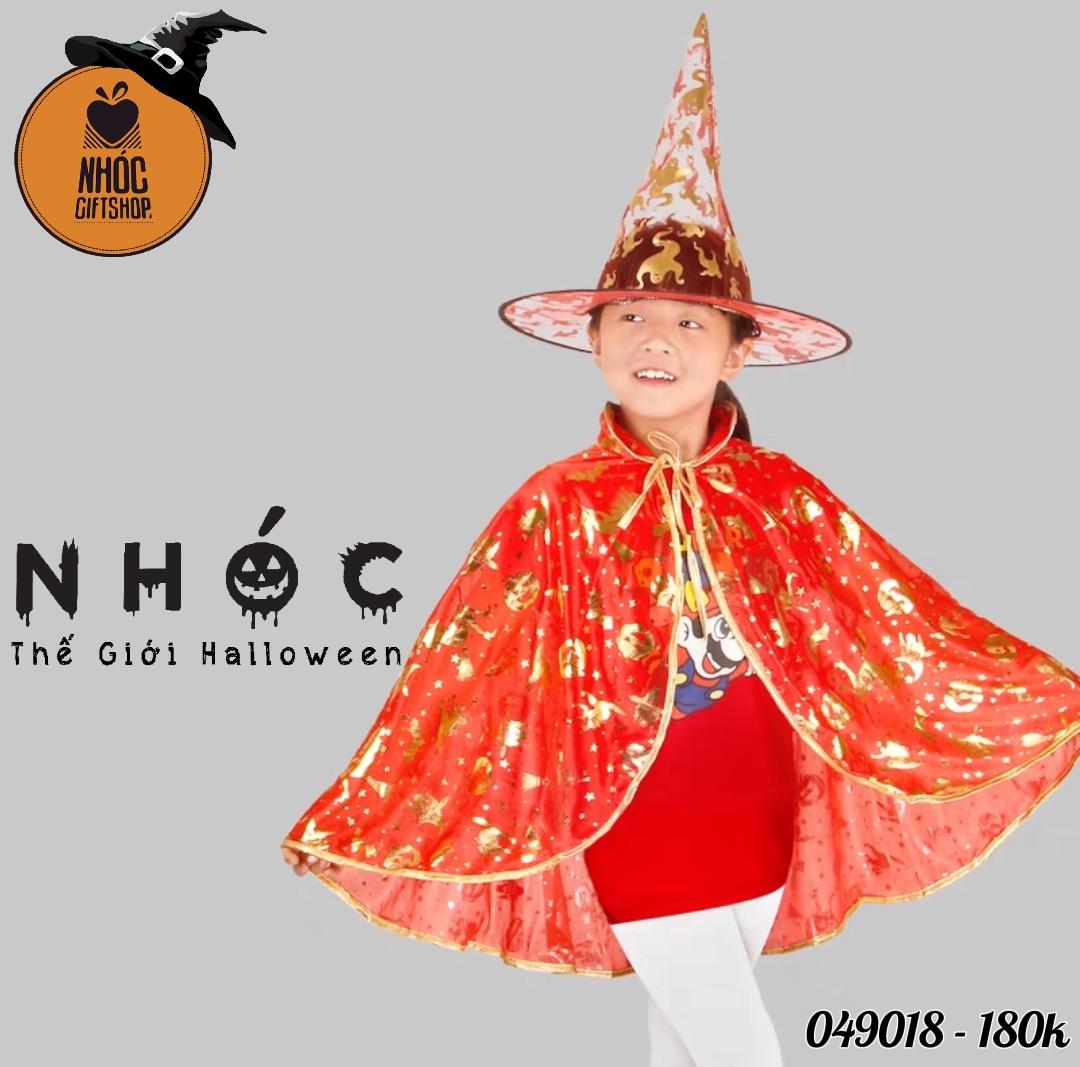 Aó choàng halloween nhũ in phù thủy bí dơi combo nón - Đỏ - 18001