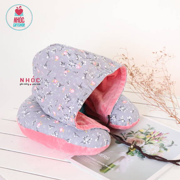 Gối kê cổ bông combo nón in hoa - Hồng - 18001