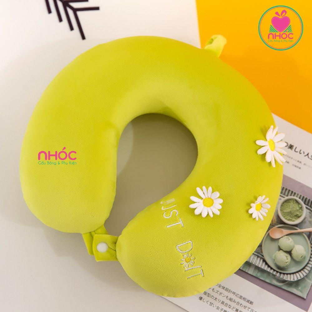 Gối kê cổ cao su non đính hoa cúc - Xanh lá - 18001