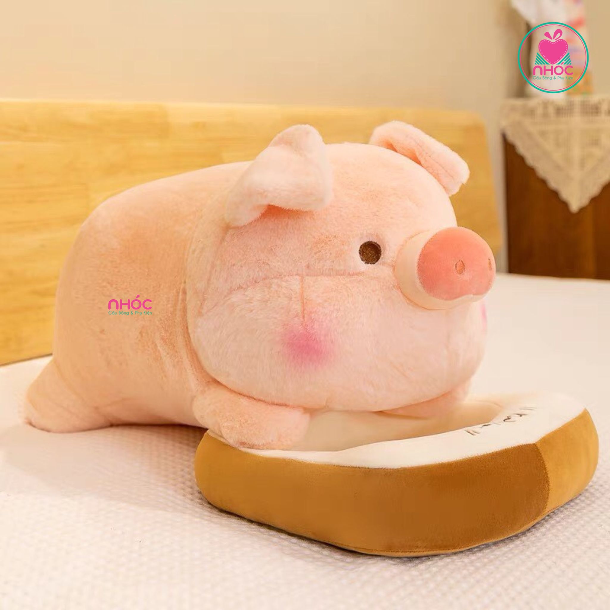 Thú bông heo kẹp bánh Sandwich lông xù nằm - Hồng - 75580