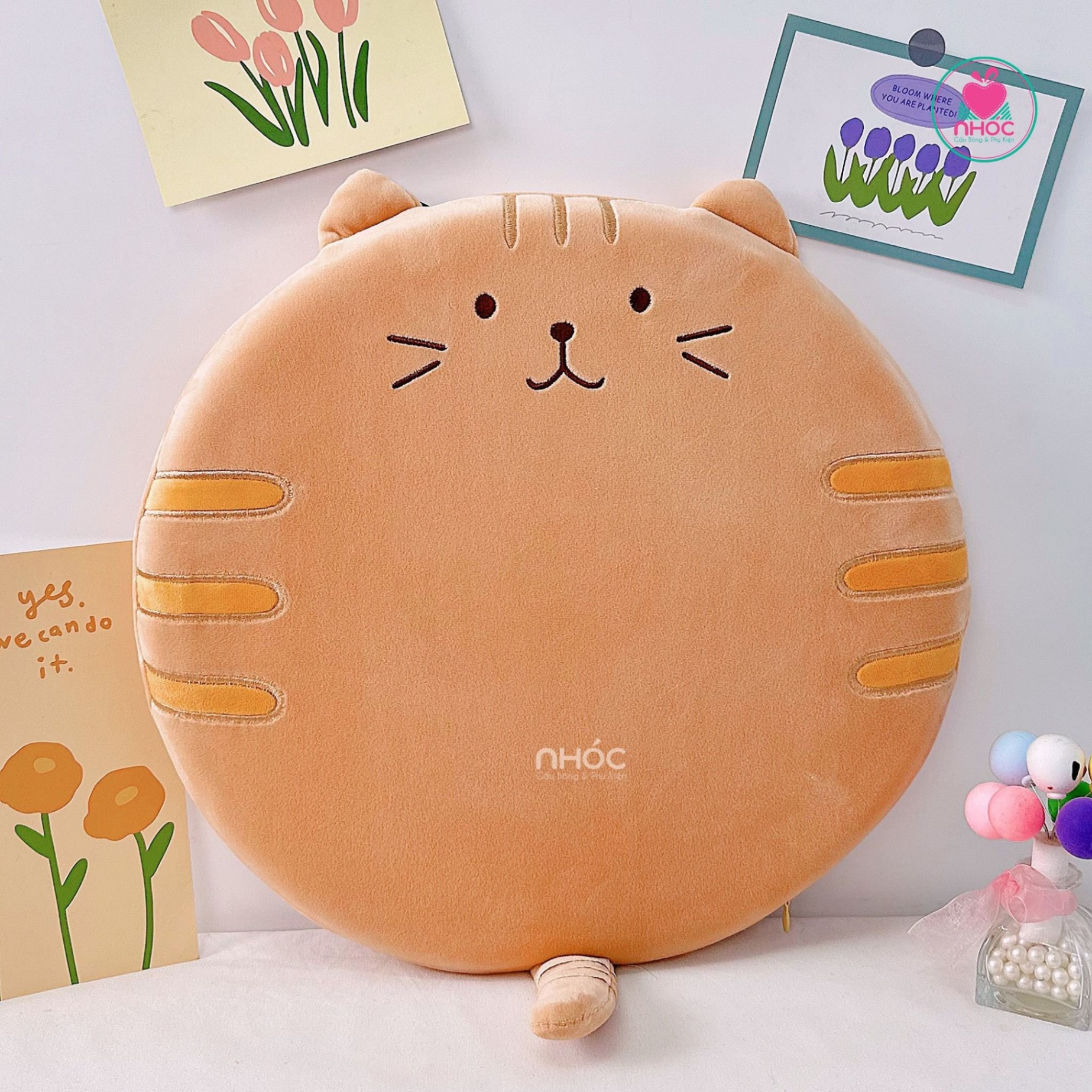 Gối tựa lưng cao su non thú tròn - Mèo sọc nâu - 24001