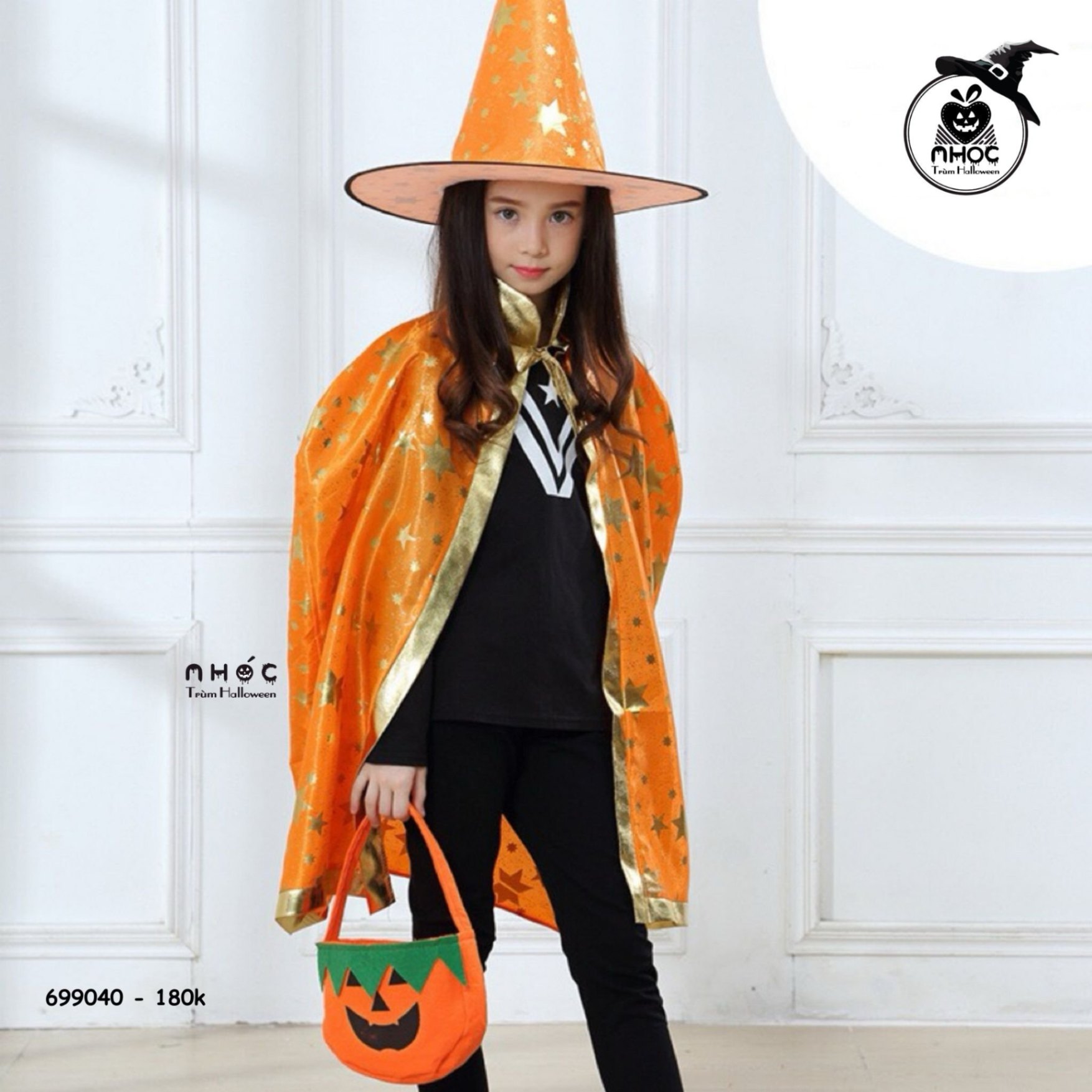 Áo choàng Halloween nhũ in sao combo nón - Cam - 80180