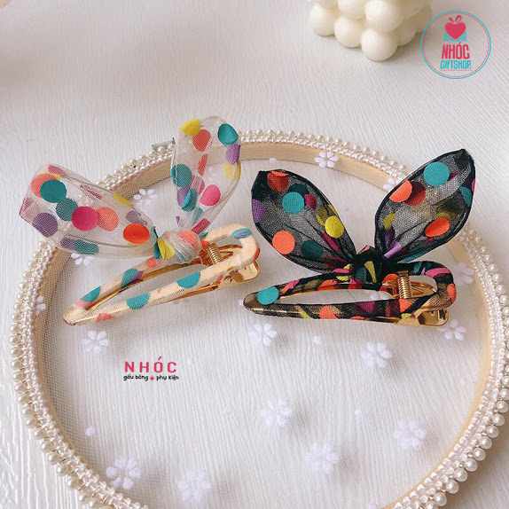 Kẹp tóc teen lưới nơ chấm bi tai thỏ - 3001