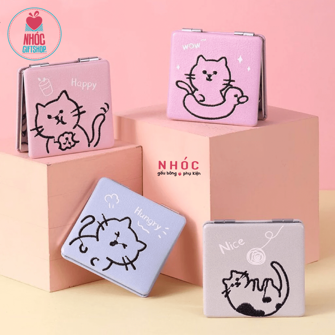Gương mini cầm tay vuông thêu mèo - Hồng - 5001