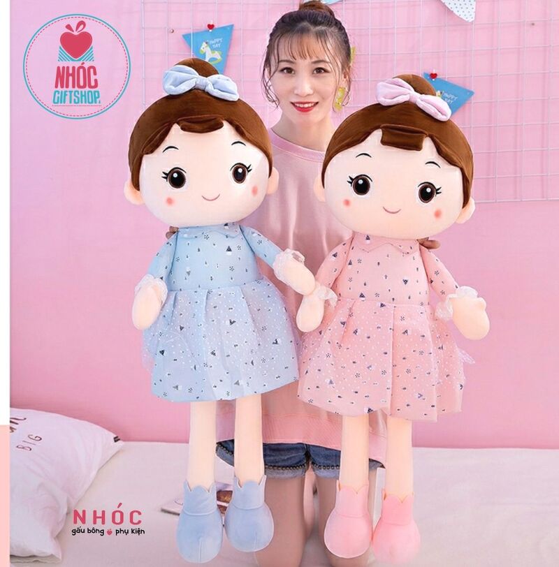 Búp bê bông mặc đầm búi tóc cột nơ lông mịn - Hồng đào - 90480