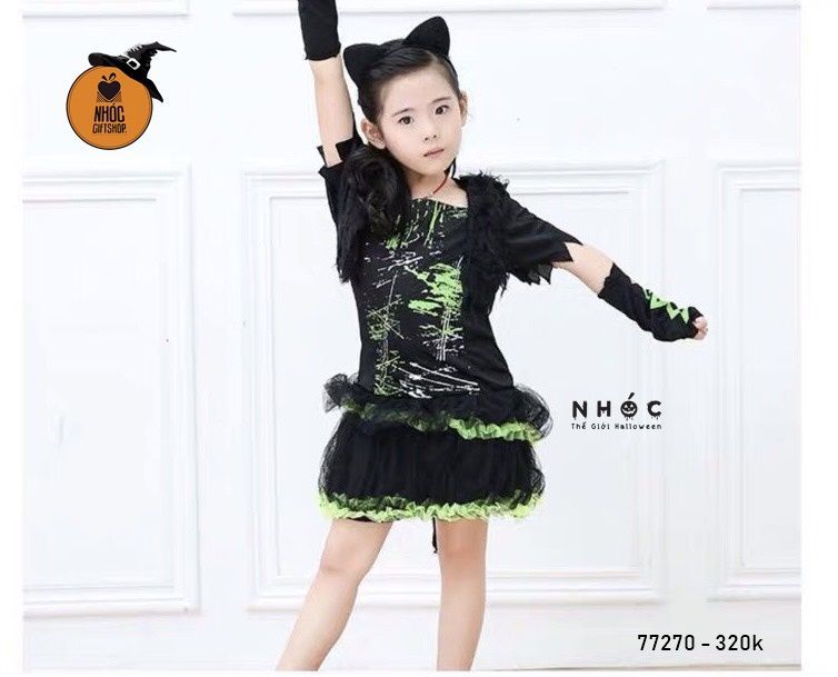Đầm mèo vải thun viền lưới xanh lá combo cài bao tay - Size L - 65320