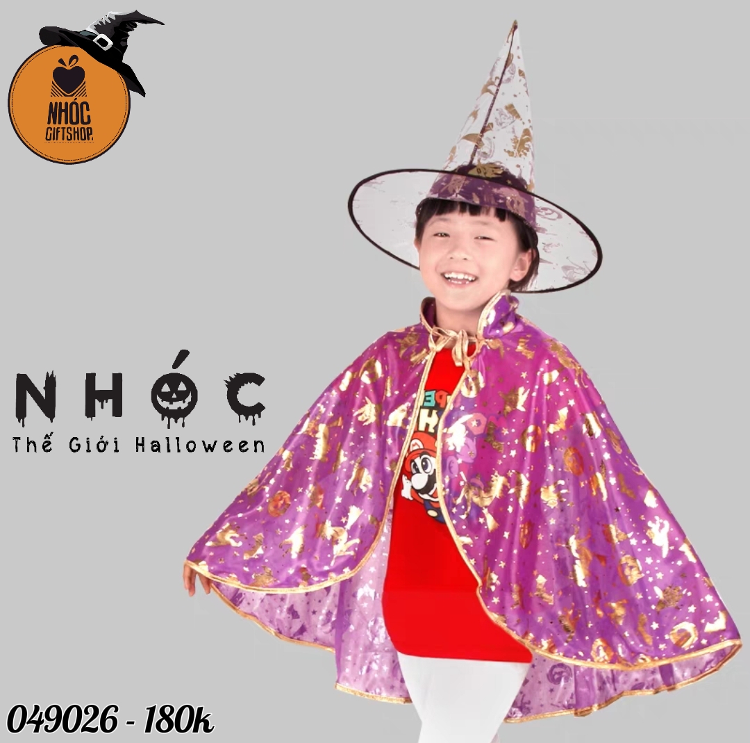 Aó choàng halloween nhũ in phù thủy bí dơi combo nón - Hồng - 18001