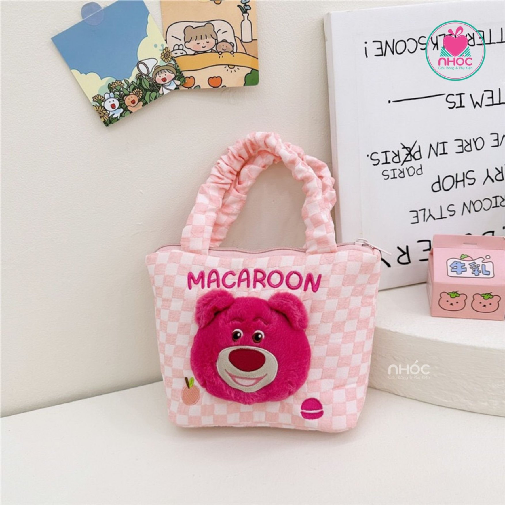 Túi xách vải đính mặt gấu - Toy - 15120