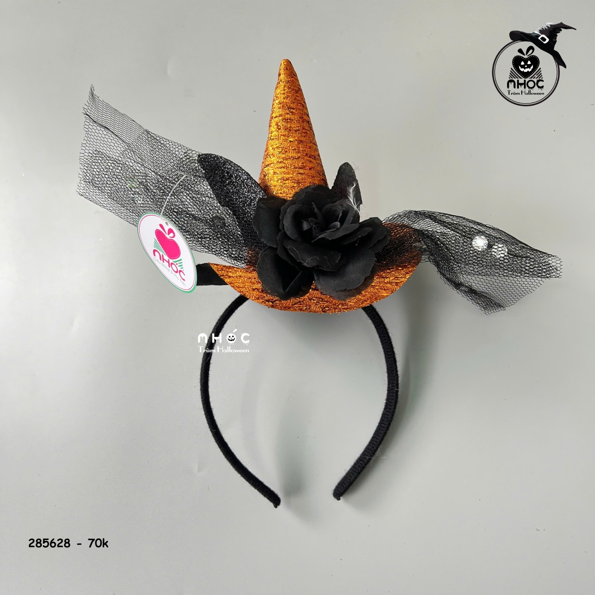 Cài tóc Halloween nón phù thuỷ hoa cánh dơi - Cam - 7001