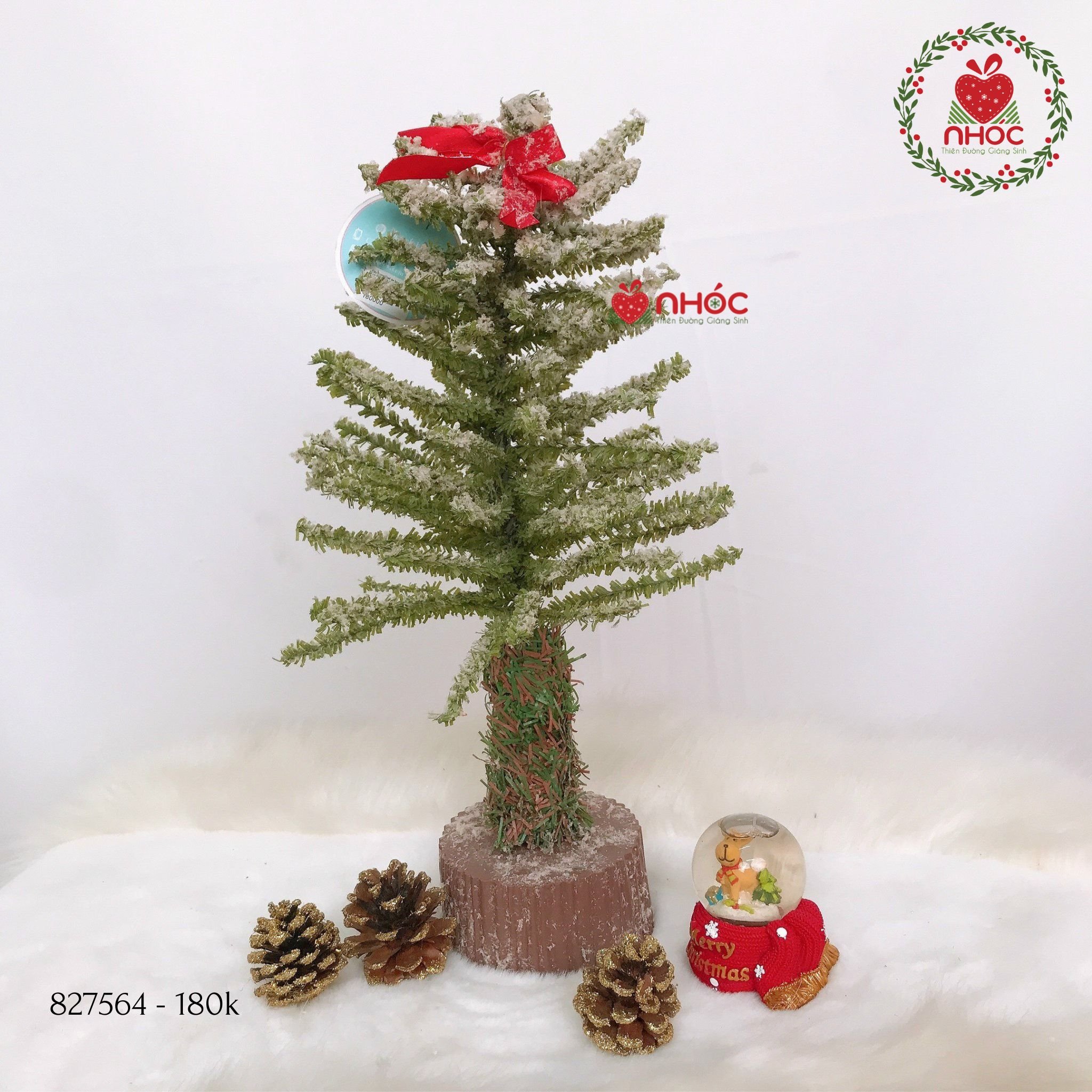 Cây thông noel để bàn phủ tuyết đỉnh nơ - Xanh - 35180