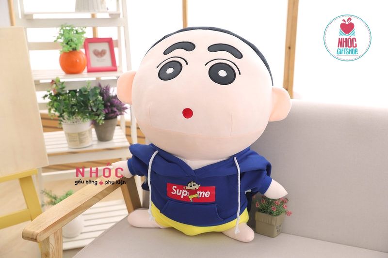 Thú bông bé shin mặc áo hoodie lông mịn đứng - Xanh navy - 50410