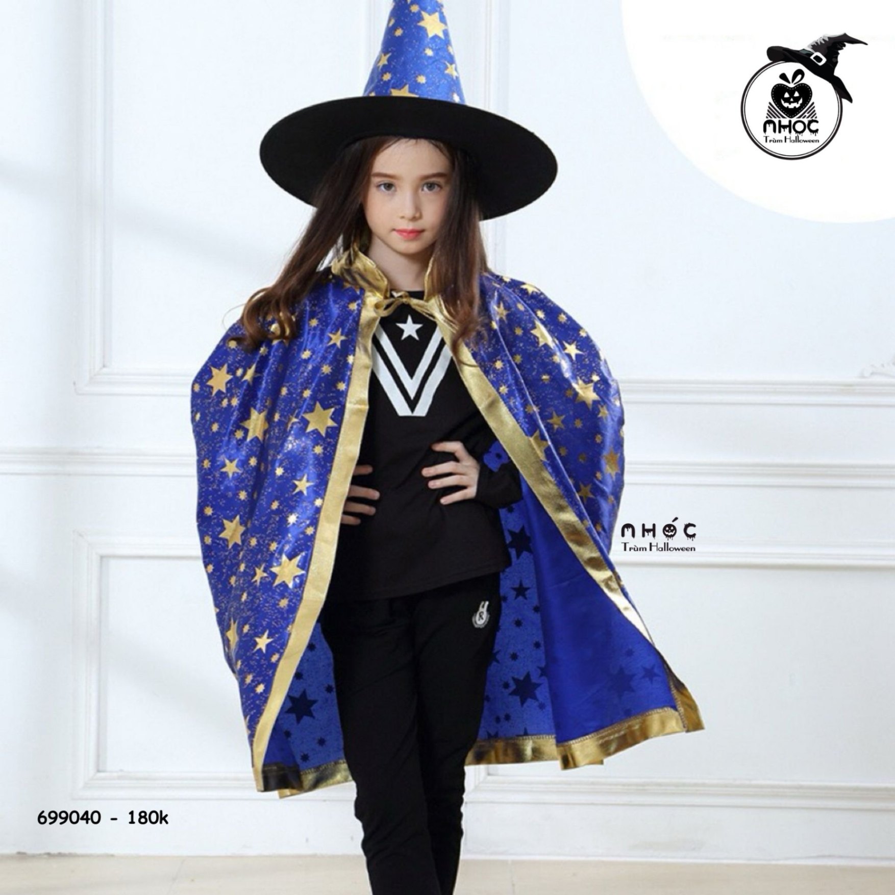 Áo choàng Halloween nhũ in sao combo nón - Xanh navy - 80180