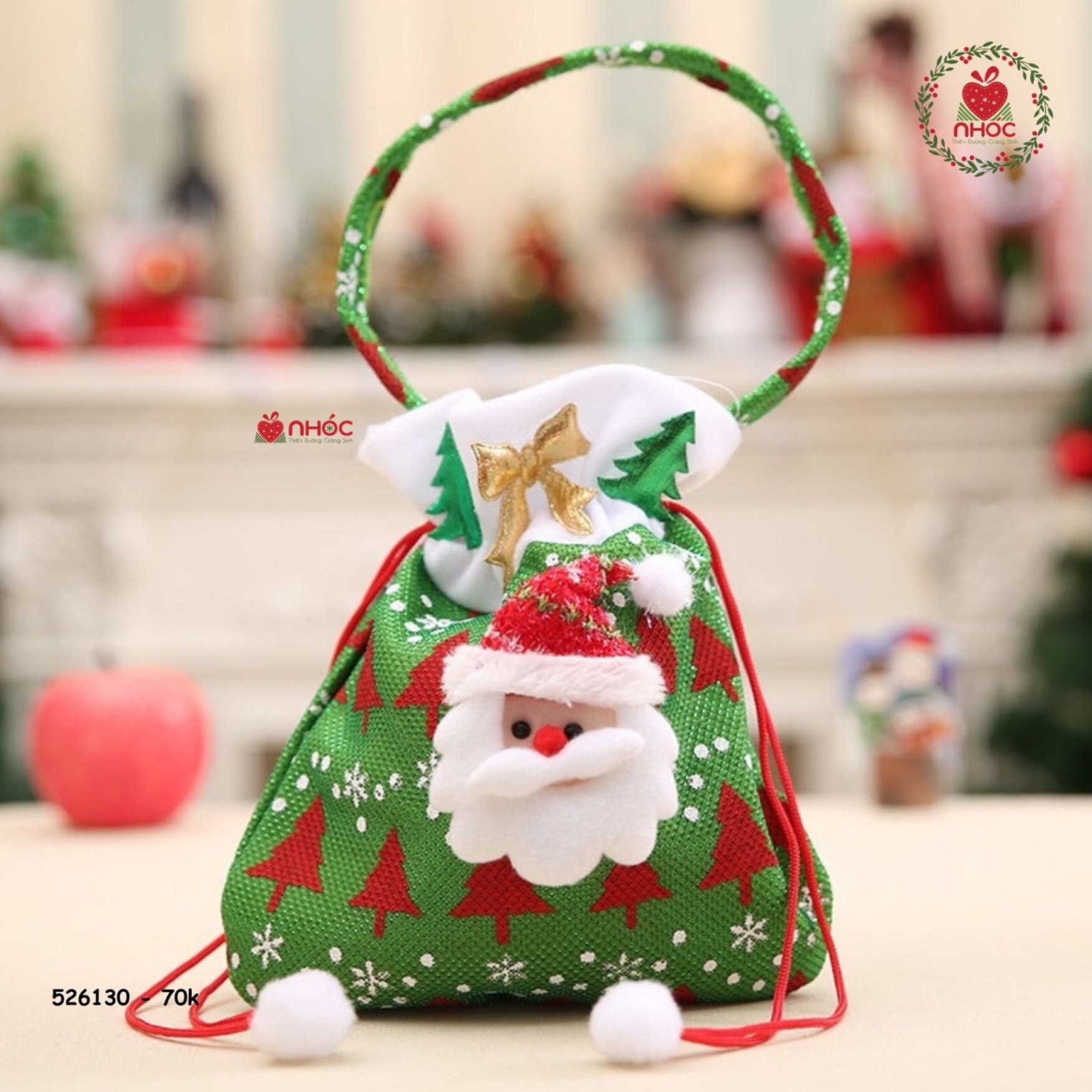 Túi xách Noel hoạ tiết đính ông già Noel - Xanh - 2570