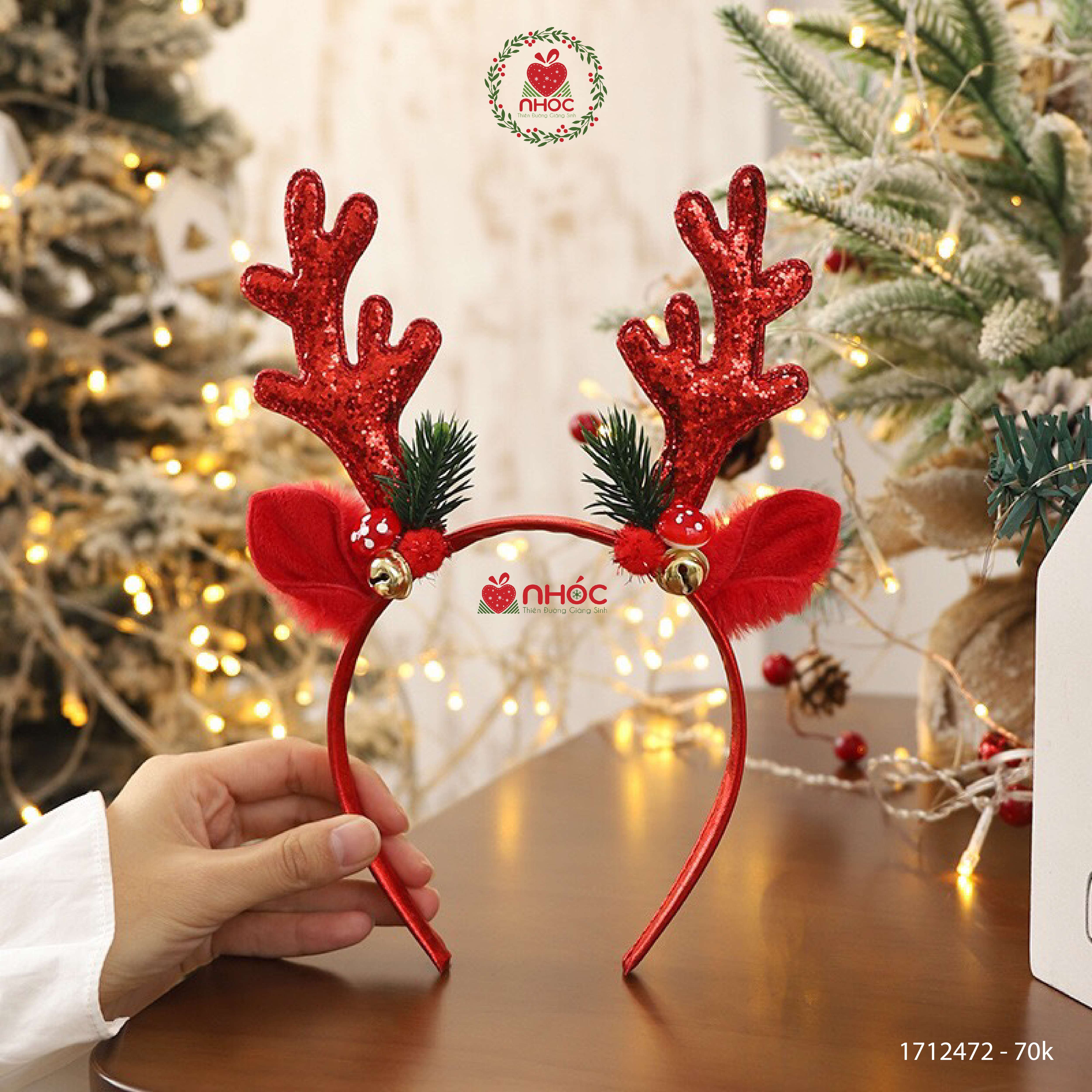 Cài tóc noel sừng tuần lộc kim sa - Thông trái đỏ chuông - Đỏ - 7001