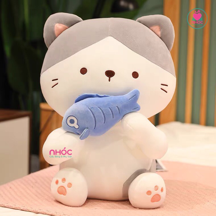 Thú bông Mèo ôm cá lông mịn ngồi TC - Trắng xám - 35240