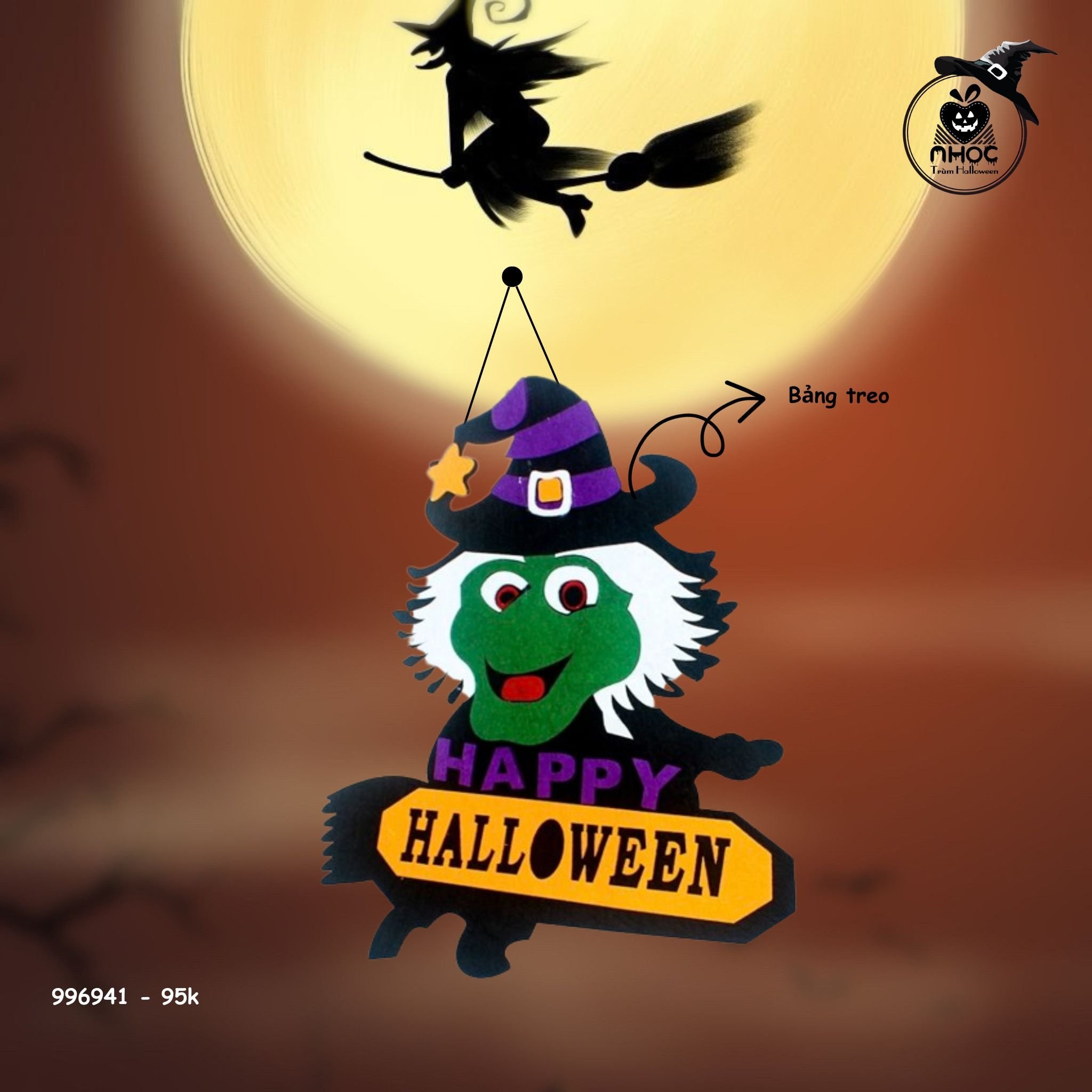 Bảng chào nỉ treo Happy Halloween - Phù Thuỷ - 9501