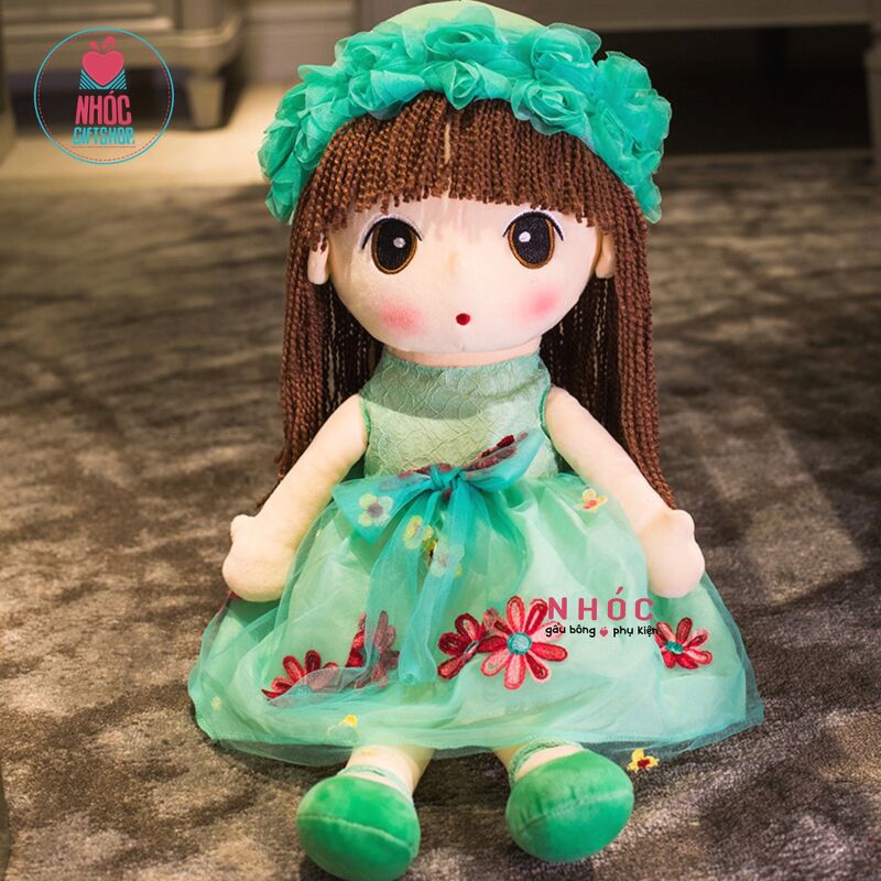 Búp bê bông băng đô đầm lưới hoa - Xanh ngọc - 50320