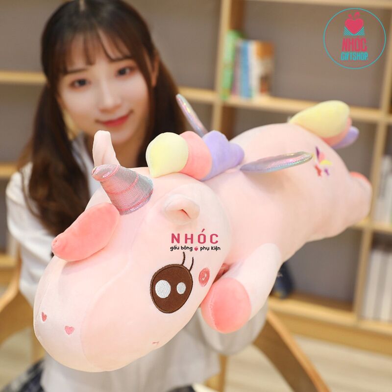 Thú bông Kỳ lân lưng thêu lông mịn nằm - Hồng đào - 75380