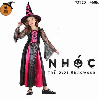 Đầm halloween phù thủy vải nhung ngực đan dây combo nón - Hồng - Size S - 105460