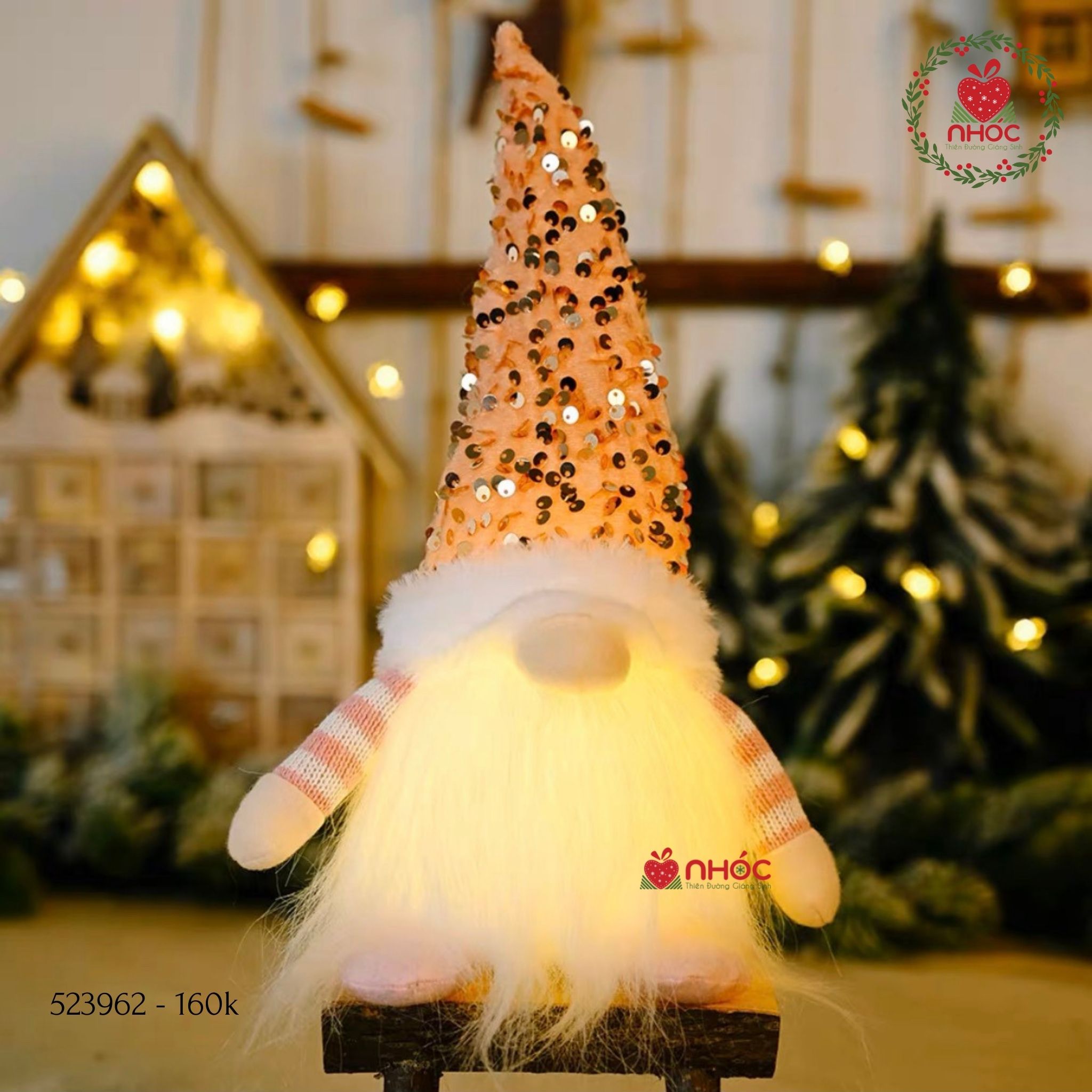 Phụ kiện trang trí Ông già Noel đội nón kim sa có đèn - Hồng - 30160