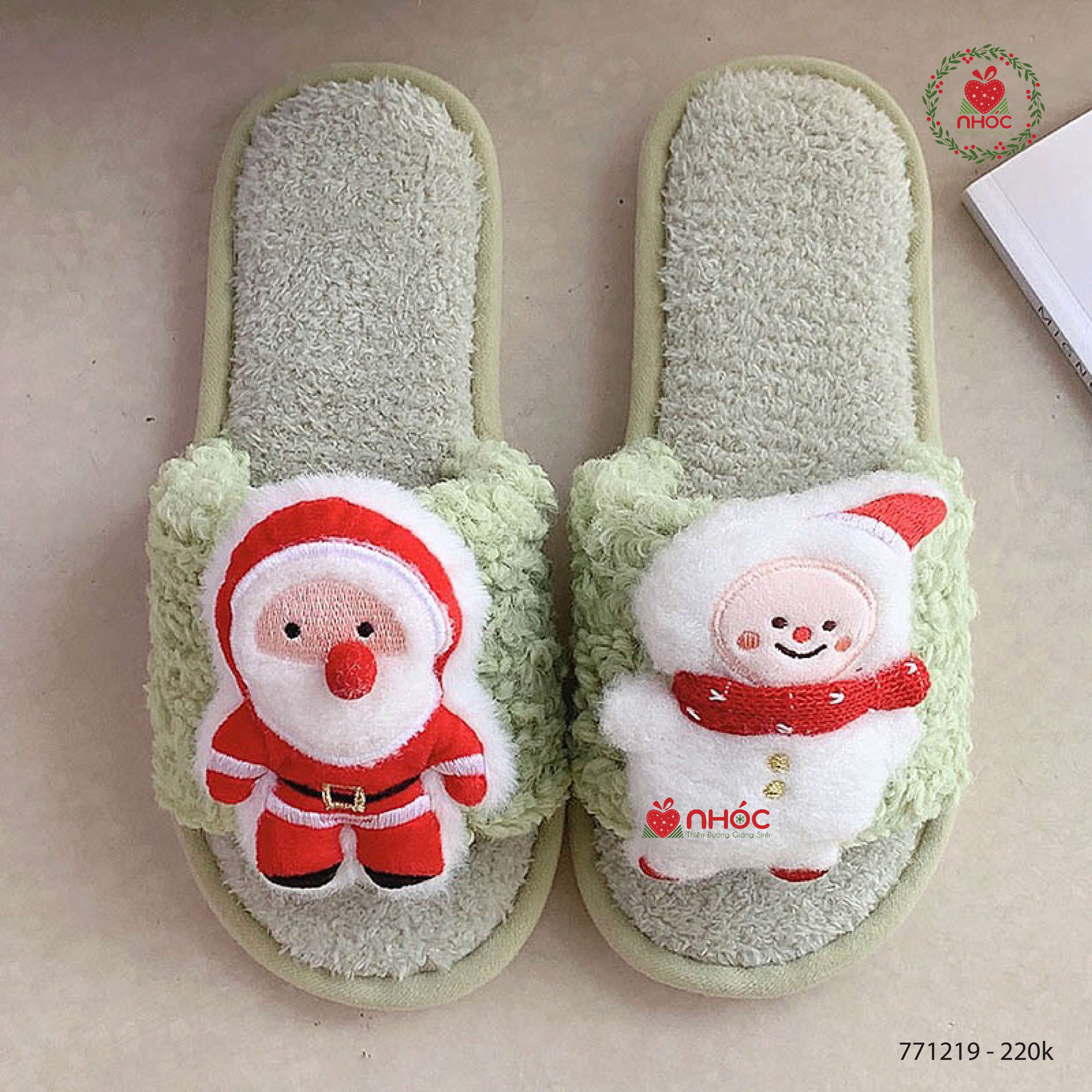 Dép bông quai ngang noel lông cừu Ông già tuyết - Xanh lá - 22001