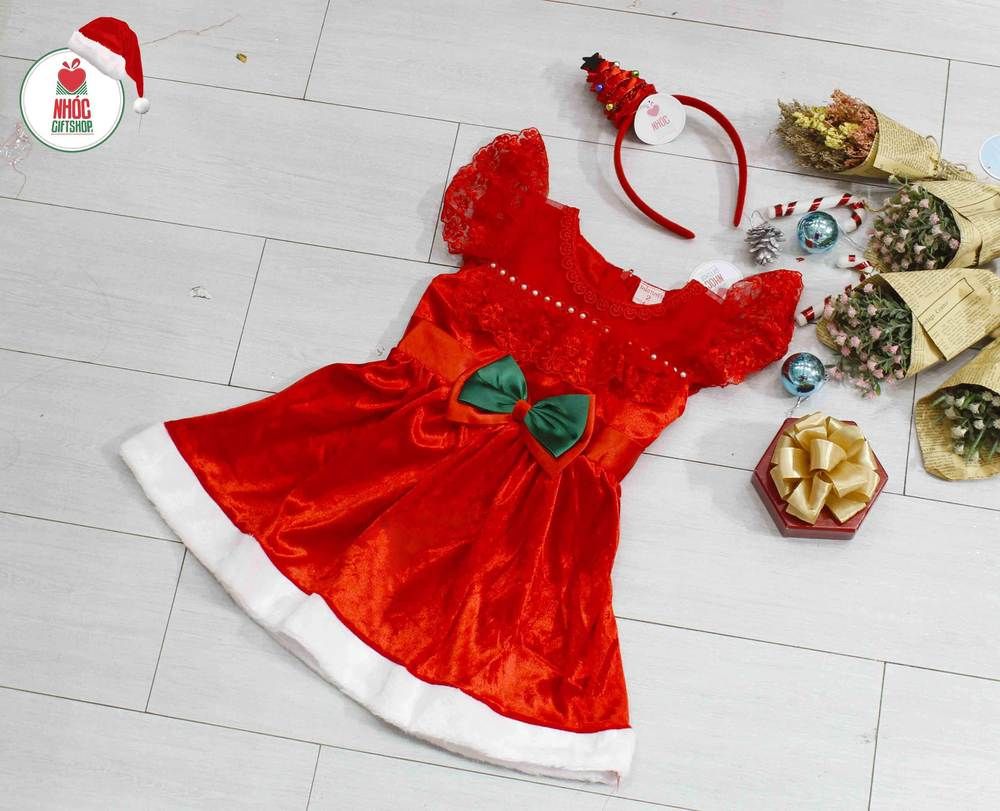 Đầm nhung Noel tay voan ngực xoàn ngang - size 8 - 75250