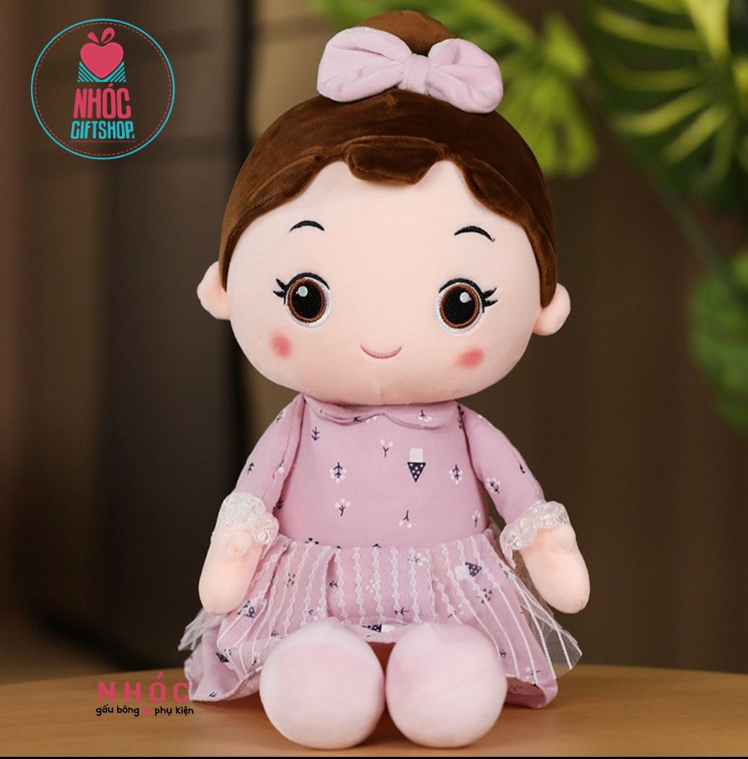 Búp bê bông mặc đầm búi tóc cột nơ lông mịn - Tím - 45160