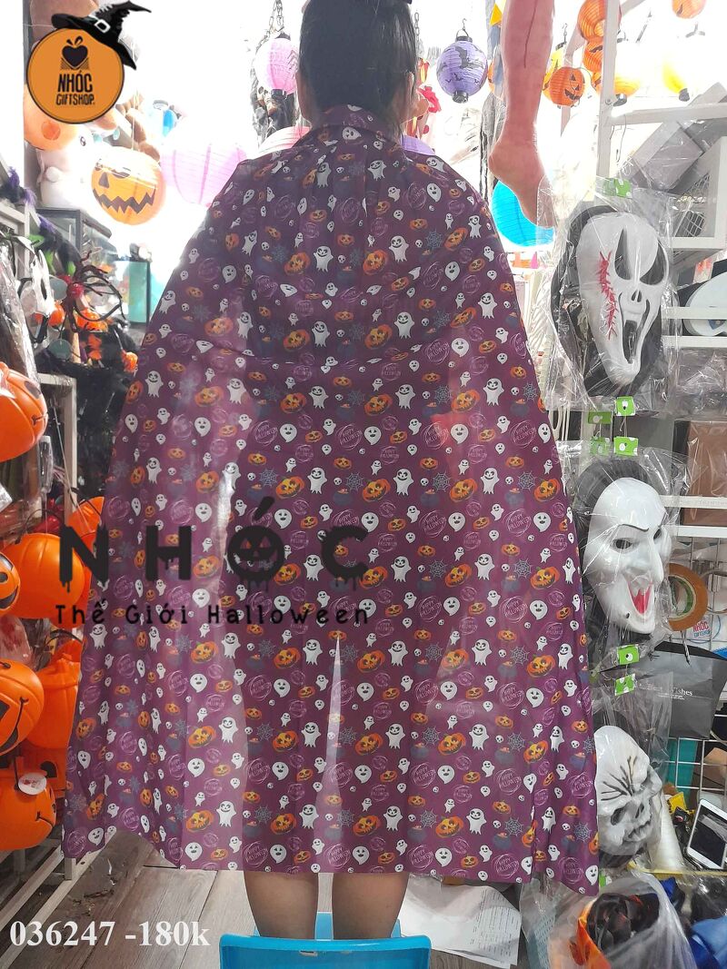 Áo choàng Halloween vải thun in ma bí - 110180 - Tím