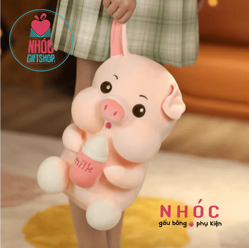 Thú bông Heo ôm bình sữa lông mịn ngồi TC - Hồng - 35240