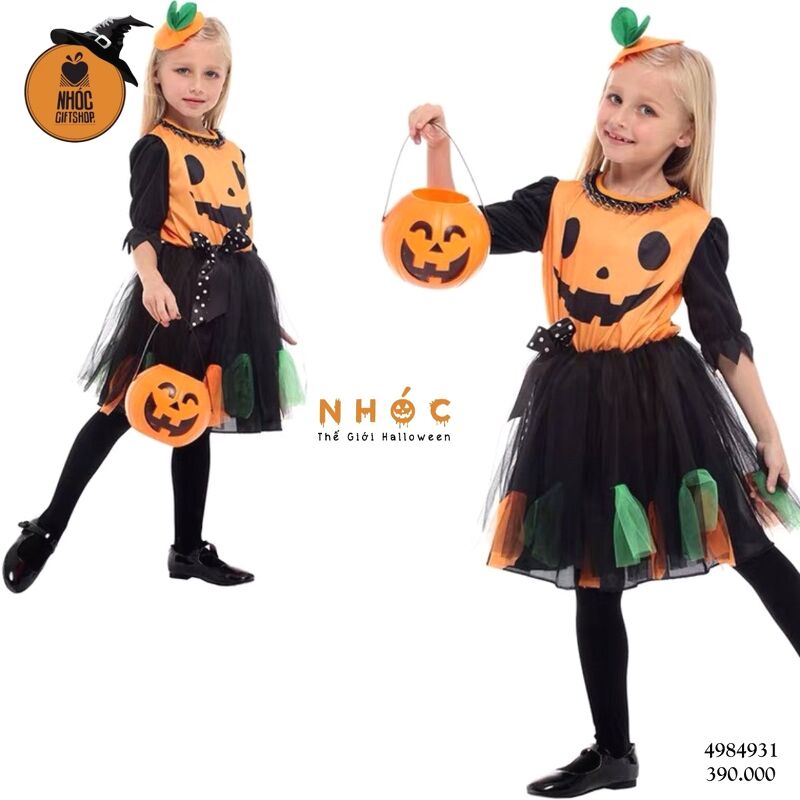 Đầm halloween Pumpkin Girl váy lưới tua rua combo kẹp - Cam - Size XL - 41001