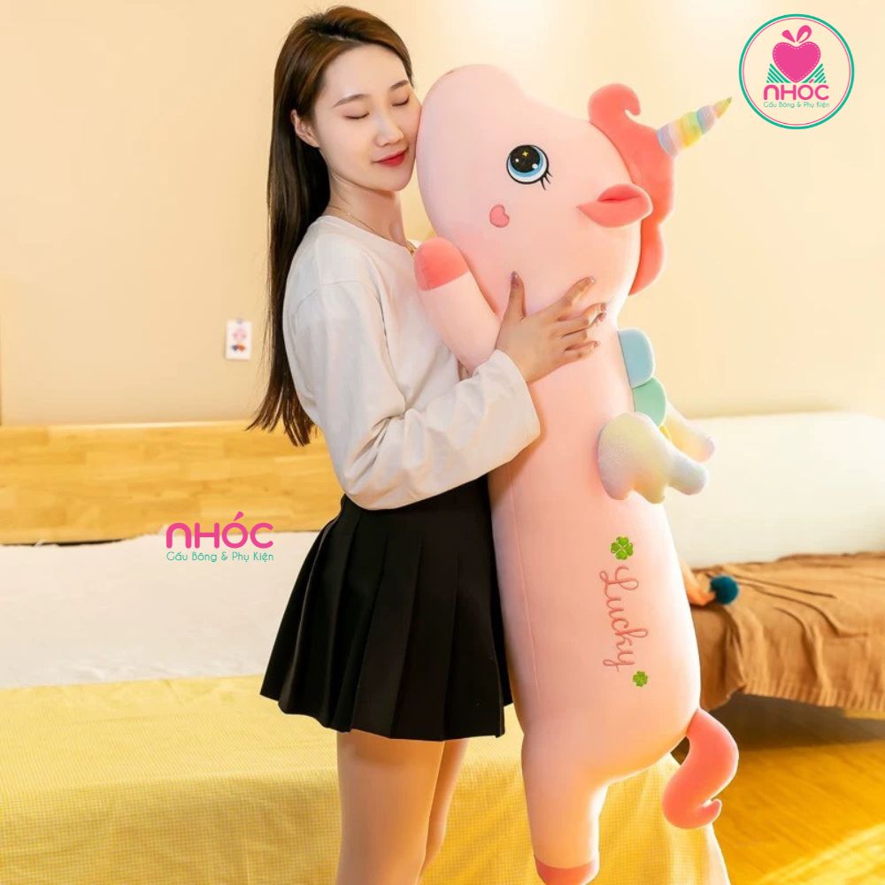 Gối ôm kỳ lân lưng thêu lông mịn nằm - Hồng - 90480