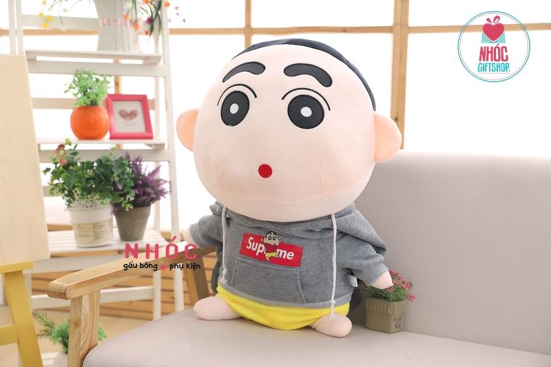 Thú bông bé shin mặc áo hoodie lông mịn đứng - Xám - 50410