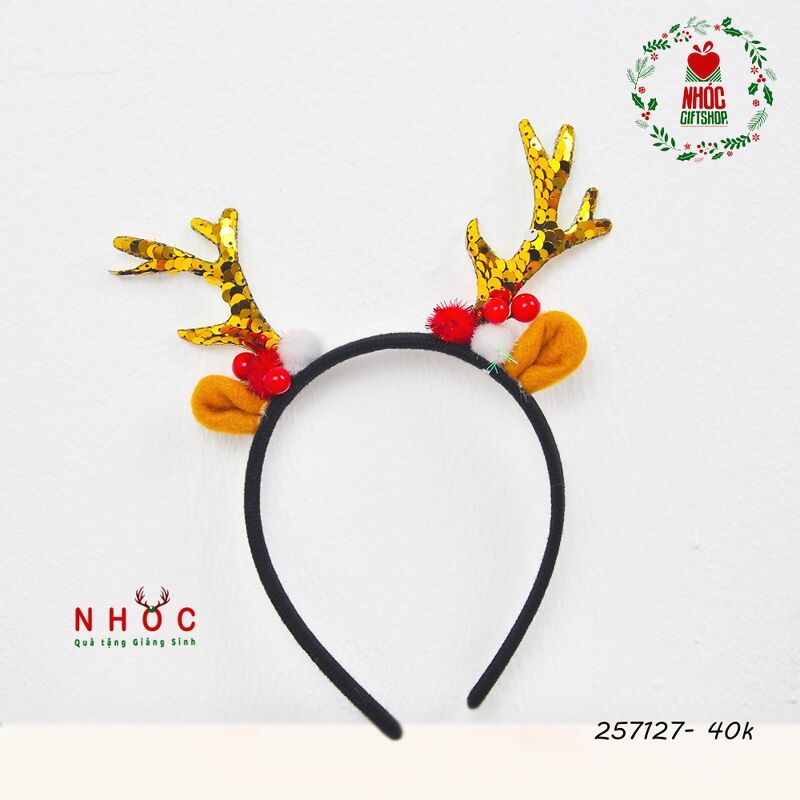Cài tóc noel sừng tuần lộc kim sa trái châu trái đỏ - 4001 - Vàng