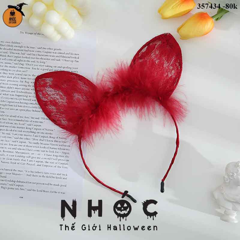 Cài tóc halloween tai mèo ren lông vũ - 8001 - Đỏ