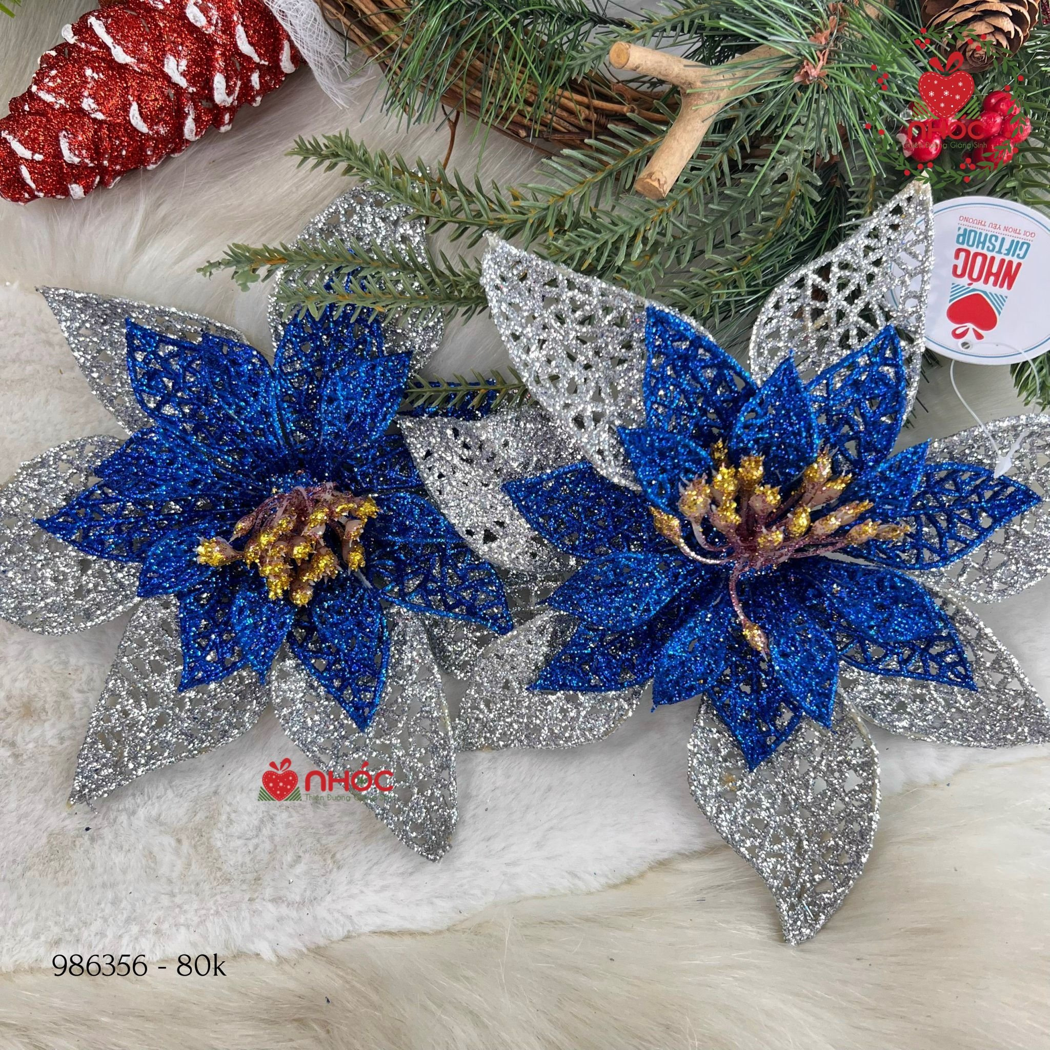 Phụ kiện trang trí Noel Hoa trạng nguyên kim tuyến 2 lớp bộ 2 - Trắng xanh - 8001