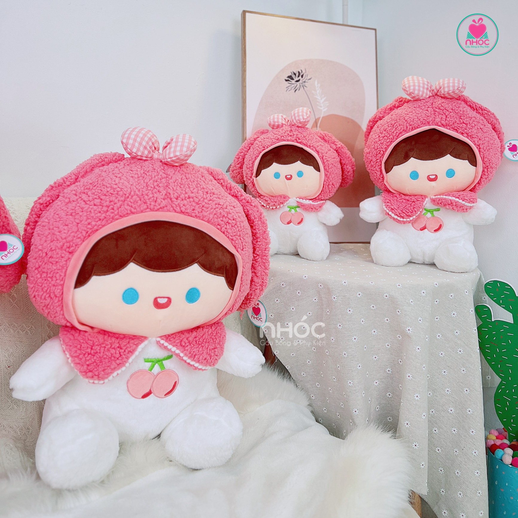Thú bông Búp bê đội nón thỏ Melody lông xù ngồi TC - Trắng Hồng - 55420