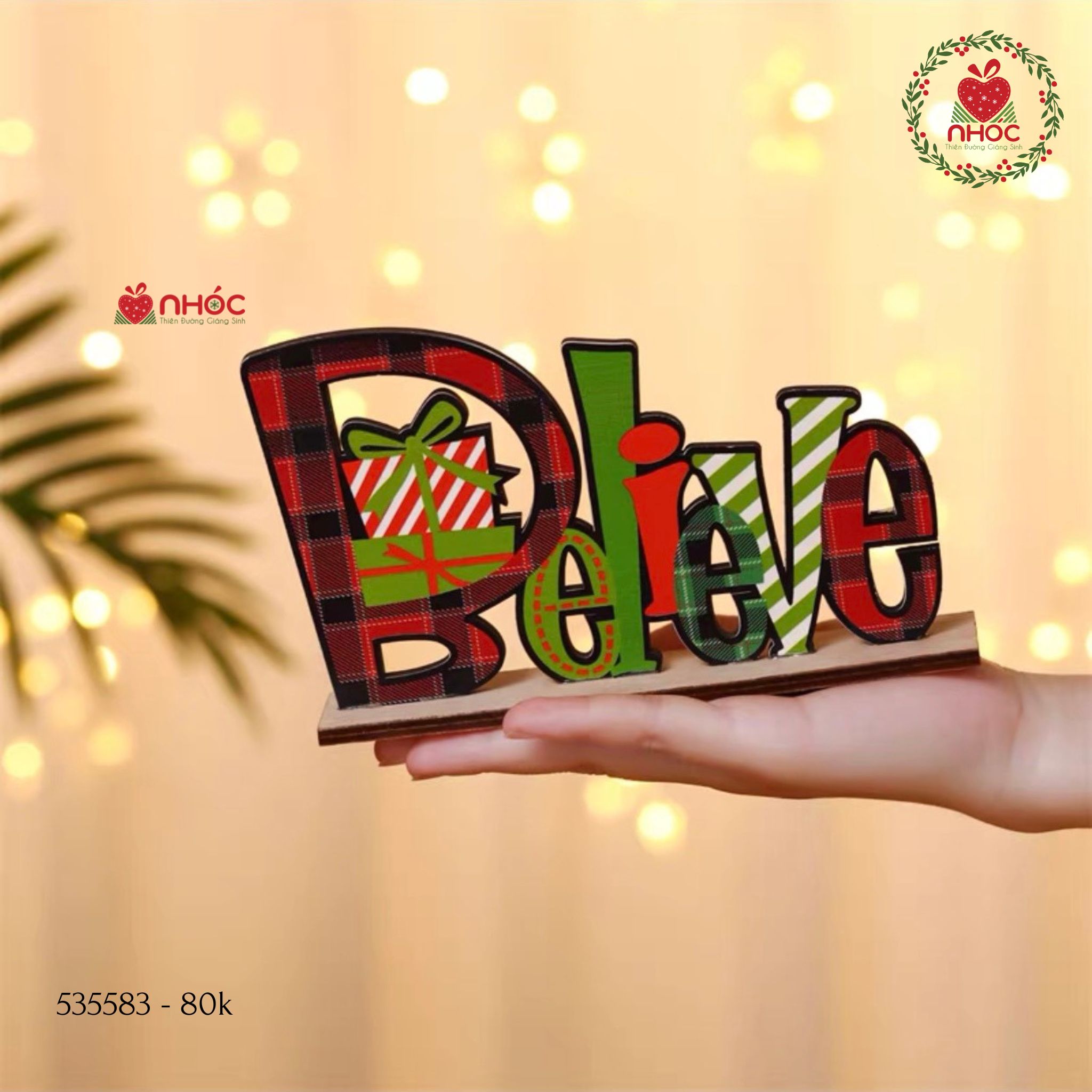 Bảng Noel để bàn gỗ hoạ tiết - Believe ngang - 2080