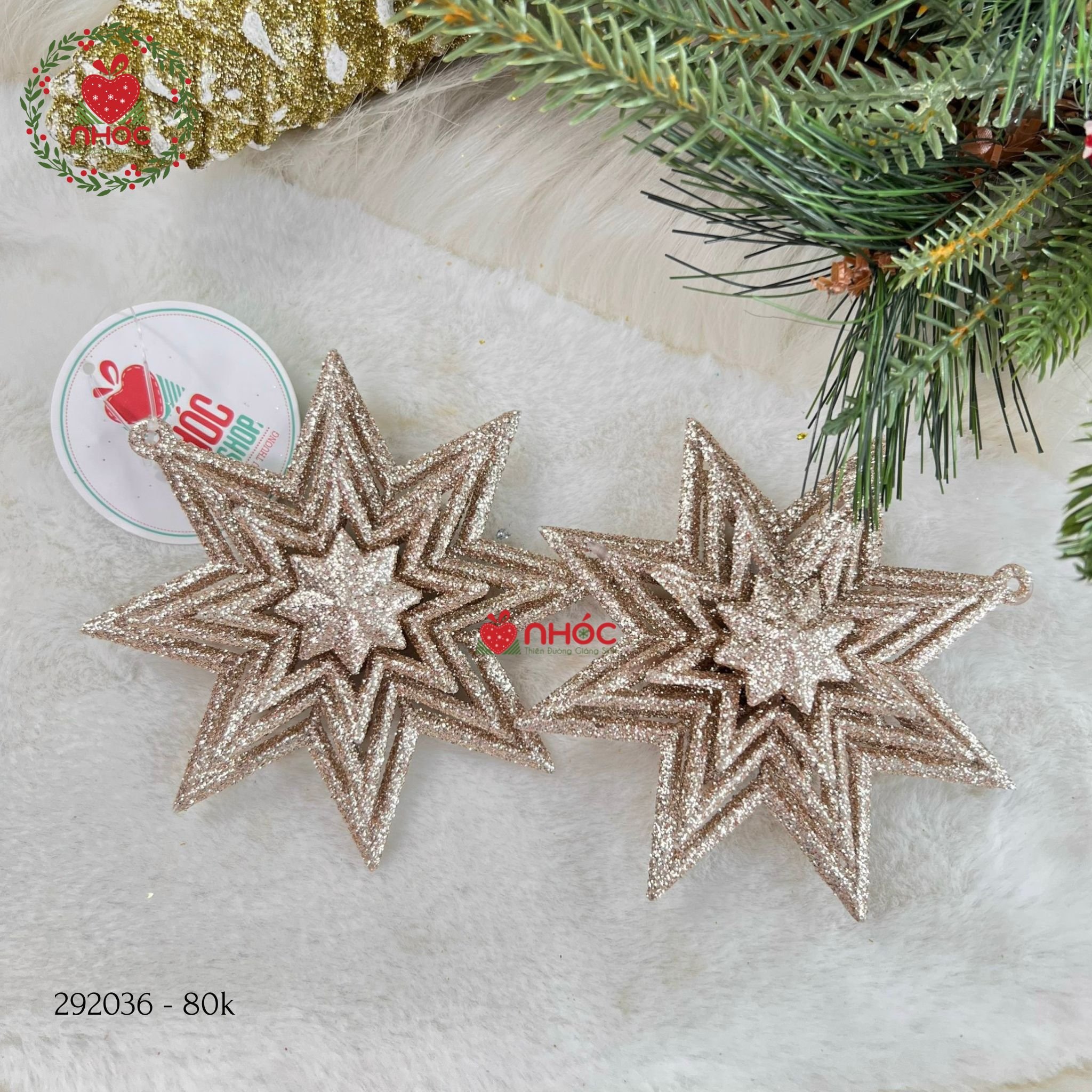 Phụ kiện trang trí noel hoa ngôi sao nhựa kim tuyến bộ 2 - 8001