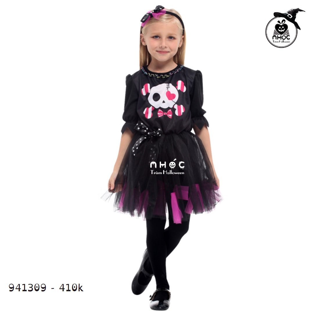 Đầm halloween Pink Skeleton in đầu lâu combo cài - Đen - Size XL - 41001