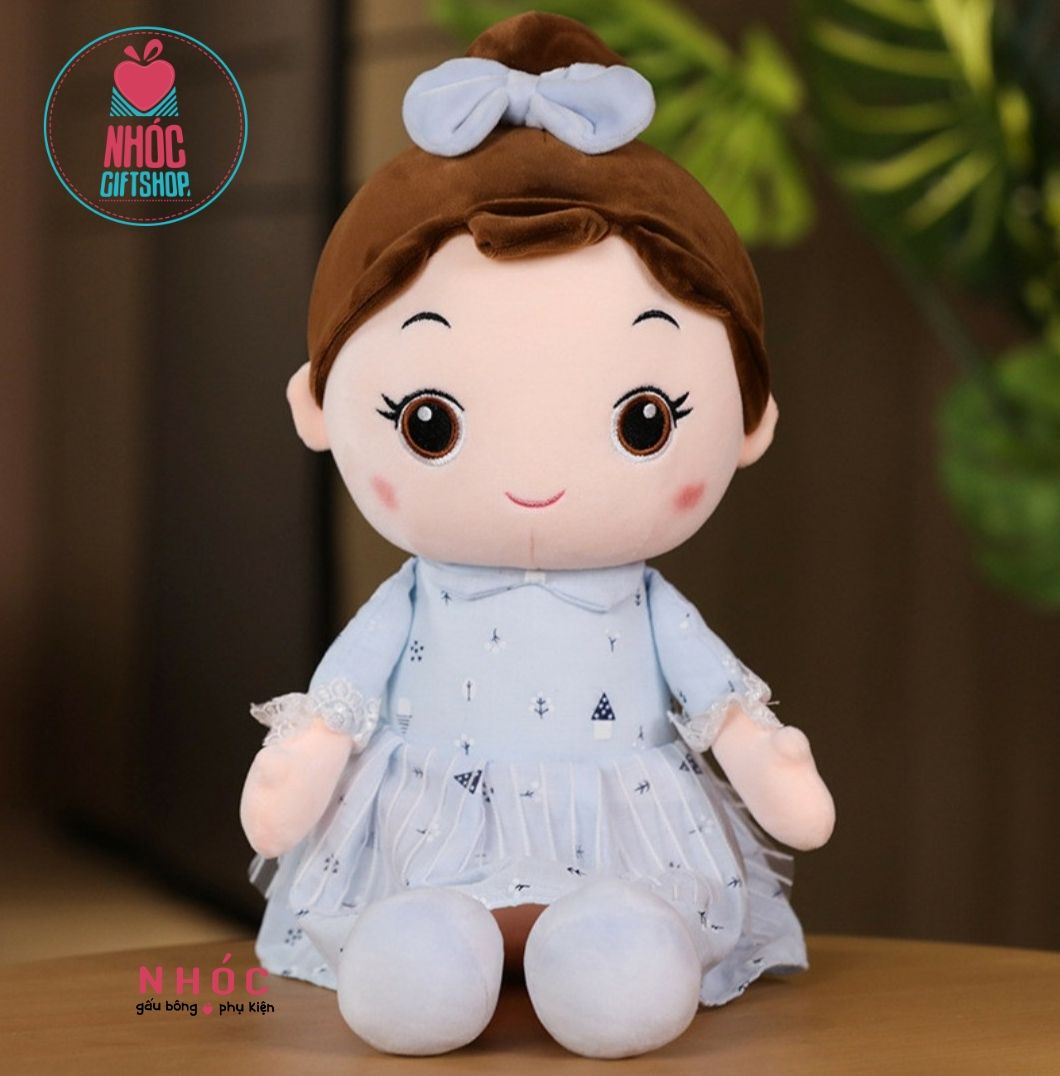 Búp bê bông mặc đầm búi tóc cột nơ lông mịn - Xanh da trời - 45160